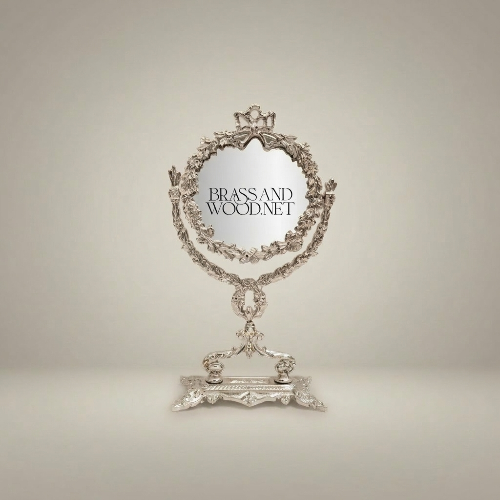 Rococo Brass Oval Vanity Mirror on Pedestal Stand - Floral Acanthus Frame — Silver