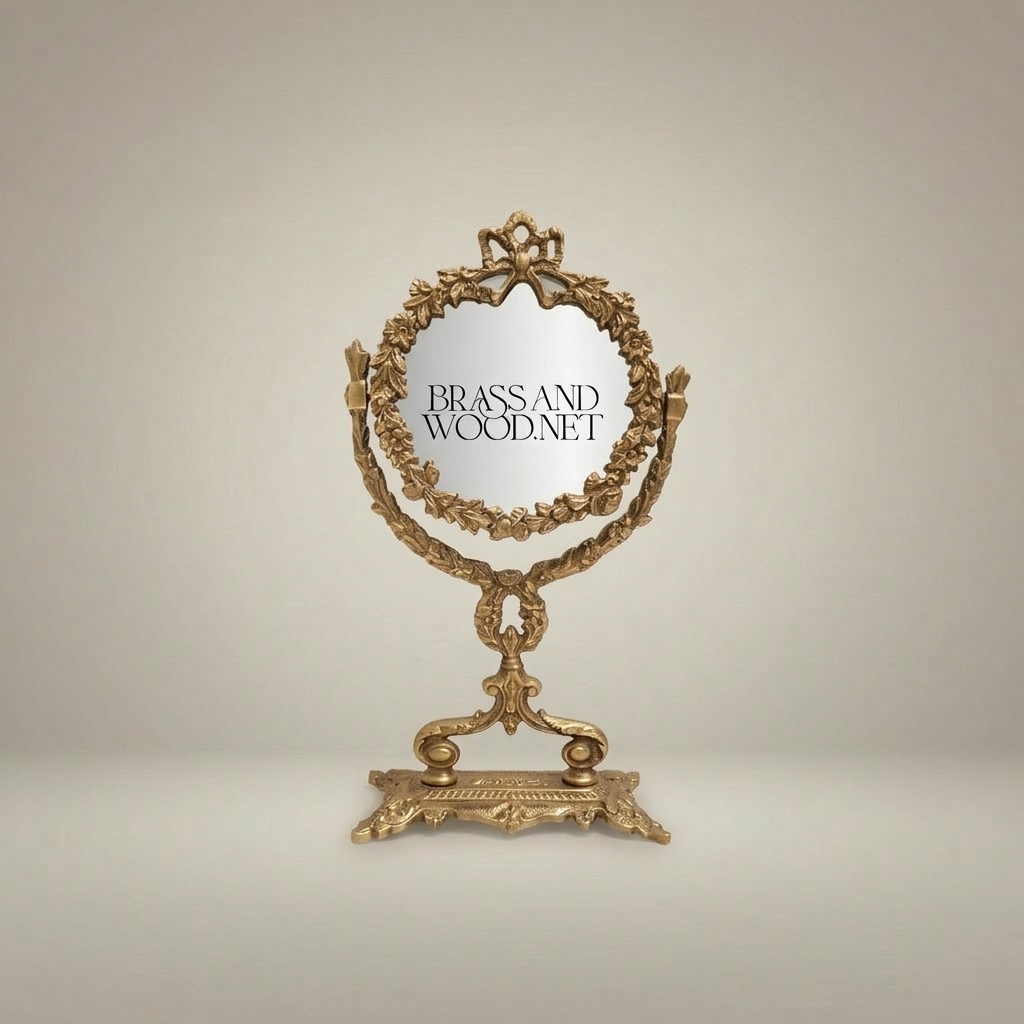 Rococo Brass Oval Vanity Mirror on Pedestal Stand - Floral Acanthus Frame — Antique Gold