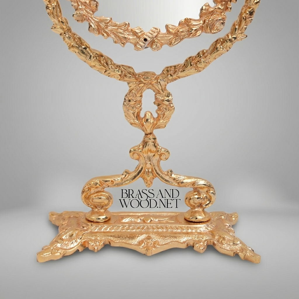 Rococo Brass Oval Vanity Mirror on Pedestal Stand - Floral Acanthus Frame — Gold