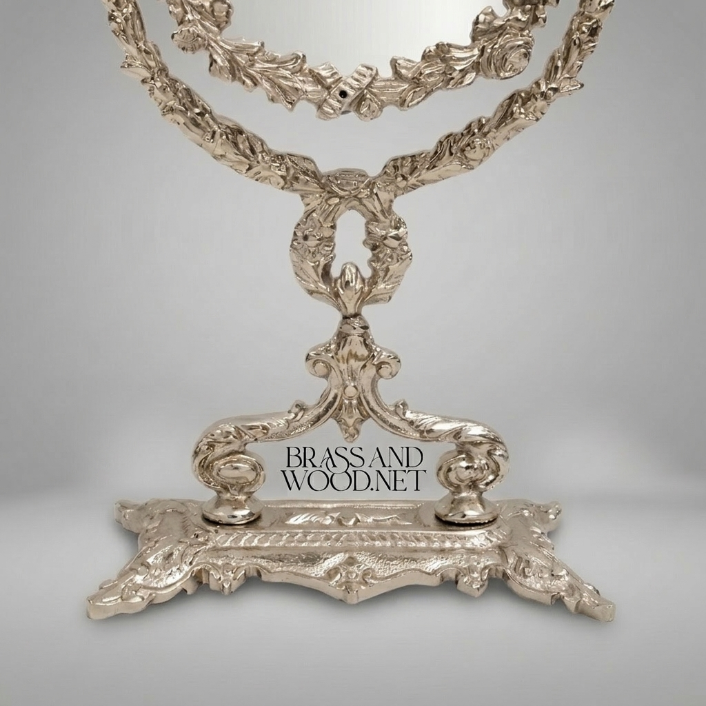 Rococo Brass Oval Vanity Mirror on Pedestal Stand - Floral Acanthus Frame — Silver