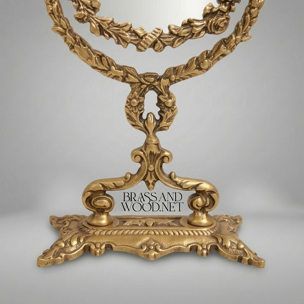 Rococo Brass Oval Vanity Mirror on Pedestal Stand - Floral Acanthus Frame — Antique Gold