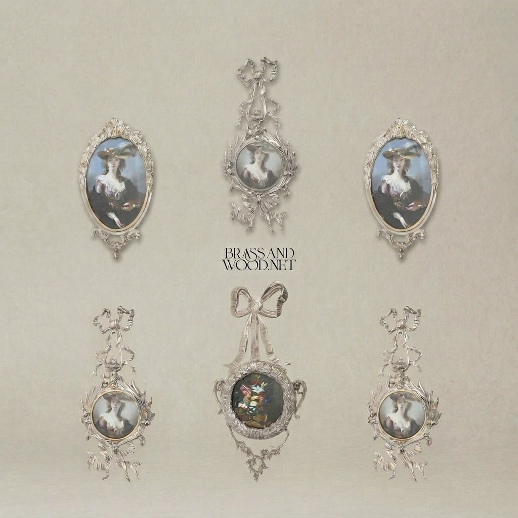 Rococo Brass Oval Wall Frame with Bow & Acanthus Cartouche — Silver