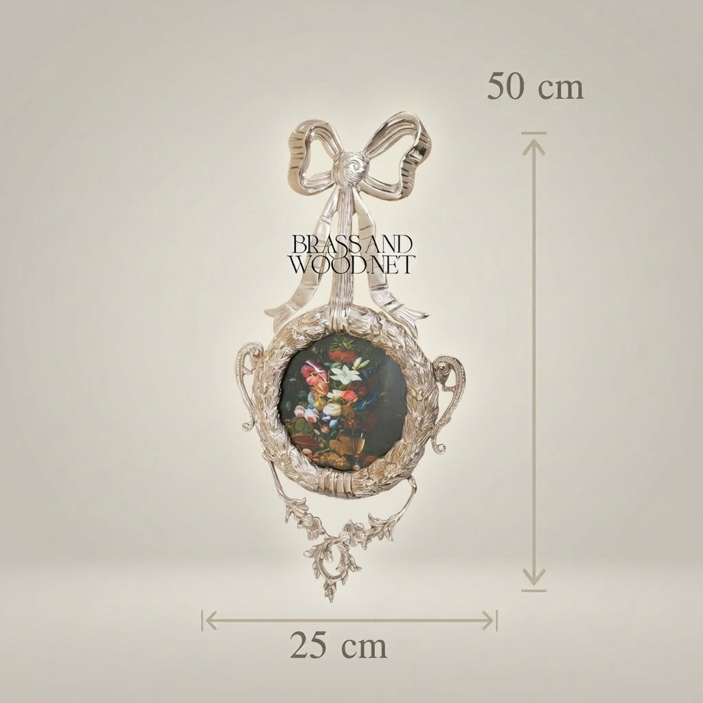 Rococo Brass Oval Wall Frame with Bow & Acanthus Cartouche — Silver