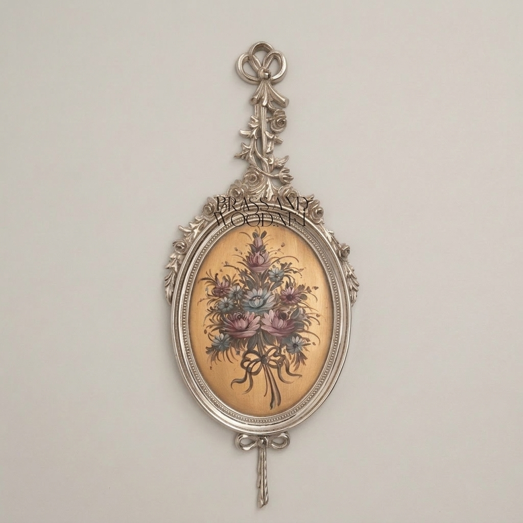 Rococo Wood Oval Wall Plaque with Floral Art Print and Ribbon Crest — Silver