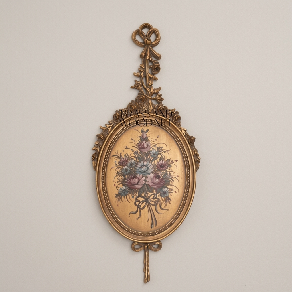 Rococo Wood Oval Wall Plaque with Floral Art Print and Ribbon Crest — Default