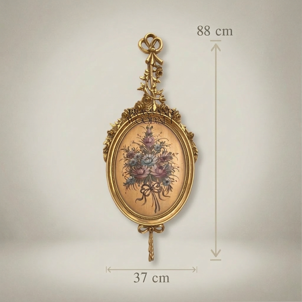 Rococo Wood Oval Wall Plaque with Floral Art Print and Ribbon Crest