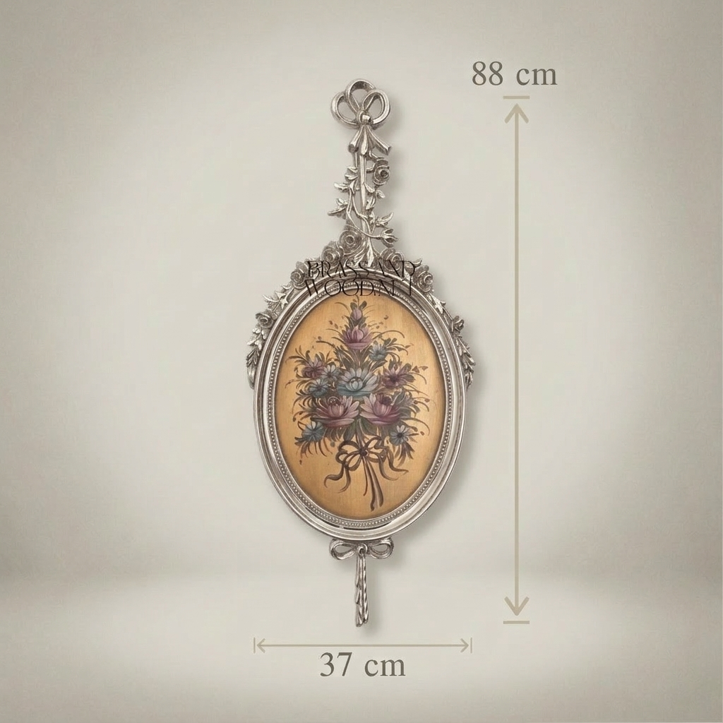 Rococo Wood Oval Wall Plaque with Floral Art Print and Ribbon Crest — Silver