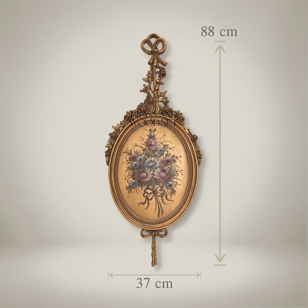 Rococo Wood Oval Wall Plaque with Floral Art Print and Ribbon Crest — Default