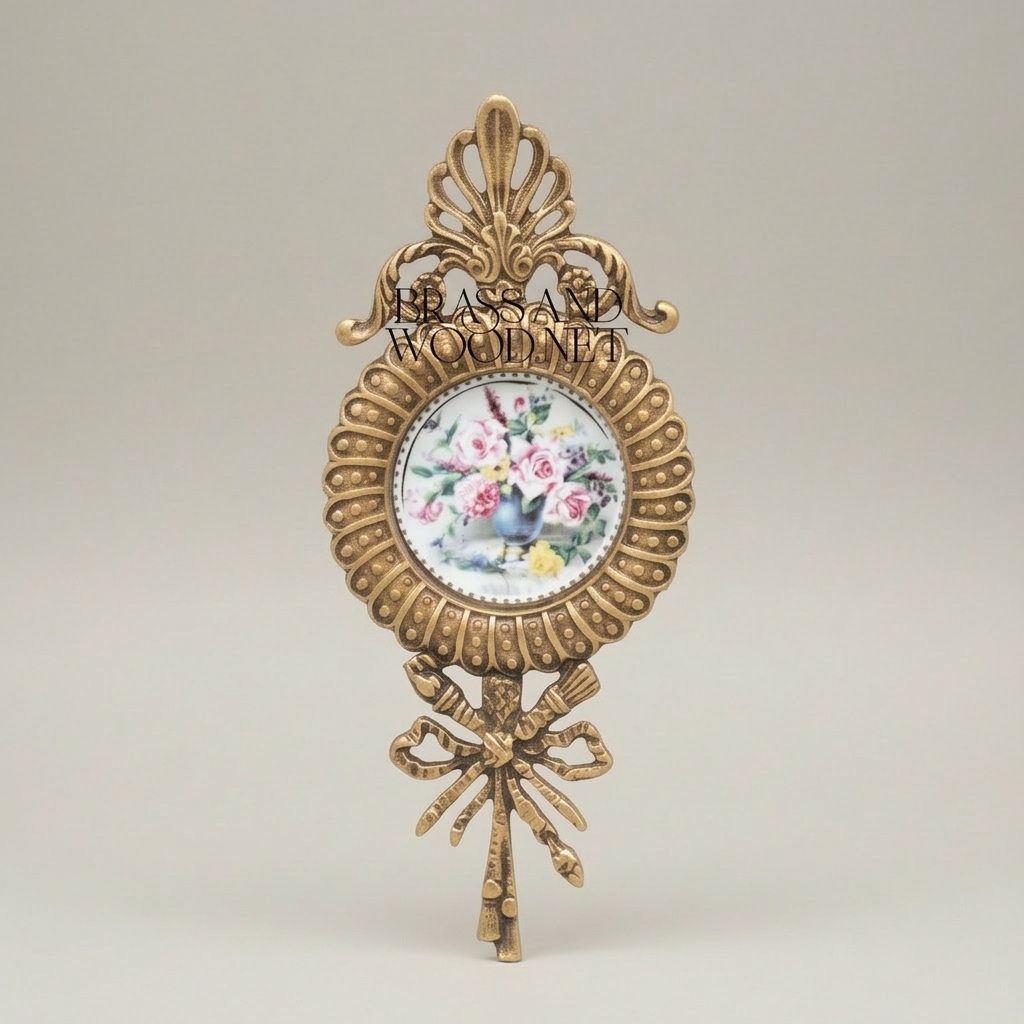 Rococo Brass Oval Wall Plate with Acanthus Crown & Bow Pendant - Hand-Painted Floral Ceramic Insert