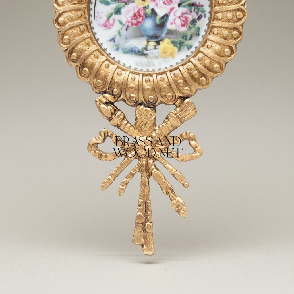 Rococo Brass Oval Wall Plate with Acanthus Crown & Bow Pendant - Hand-Painted Floral Ceramic Insert — Gold