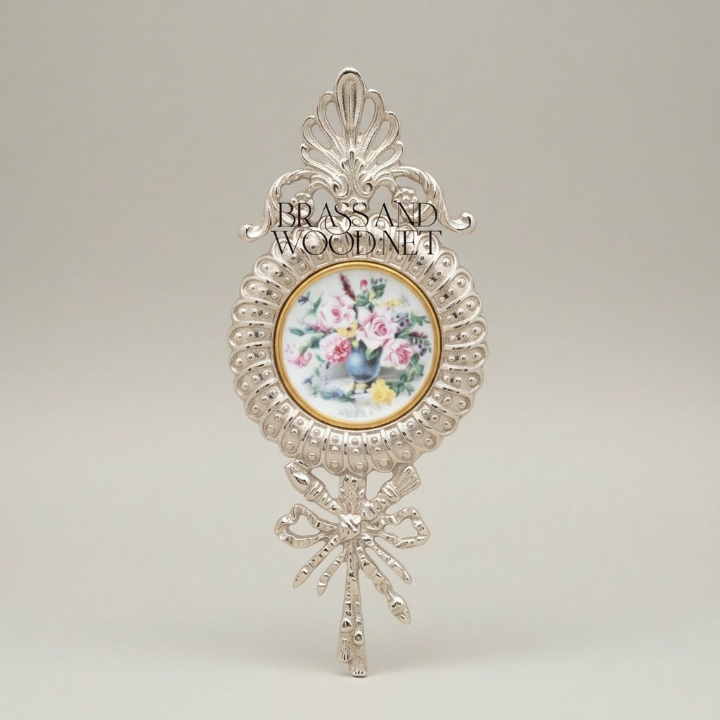 Rococo Brass Oval Wall Plate with Acanthus Crown & Bow Pendant - Hand-Painted Floral Ceramic Insert — Silver