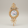 Rococo Brass Oval Wall Plate with Acanthus Crown & Bow Pendant - Hand-Painted Floral Ceramic Insert — Gold