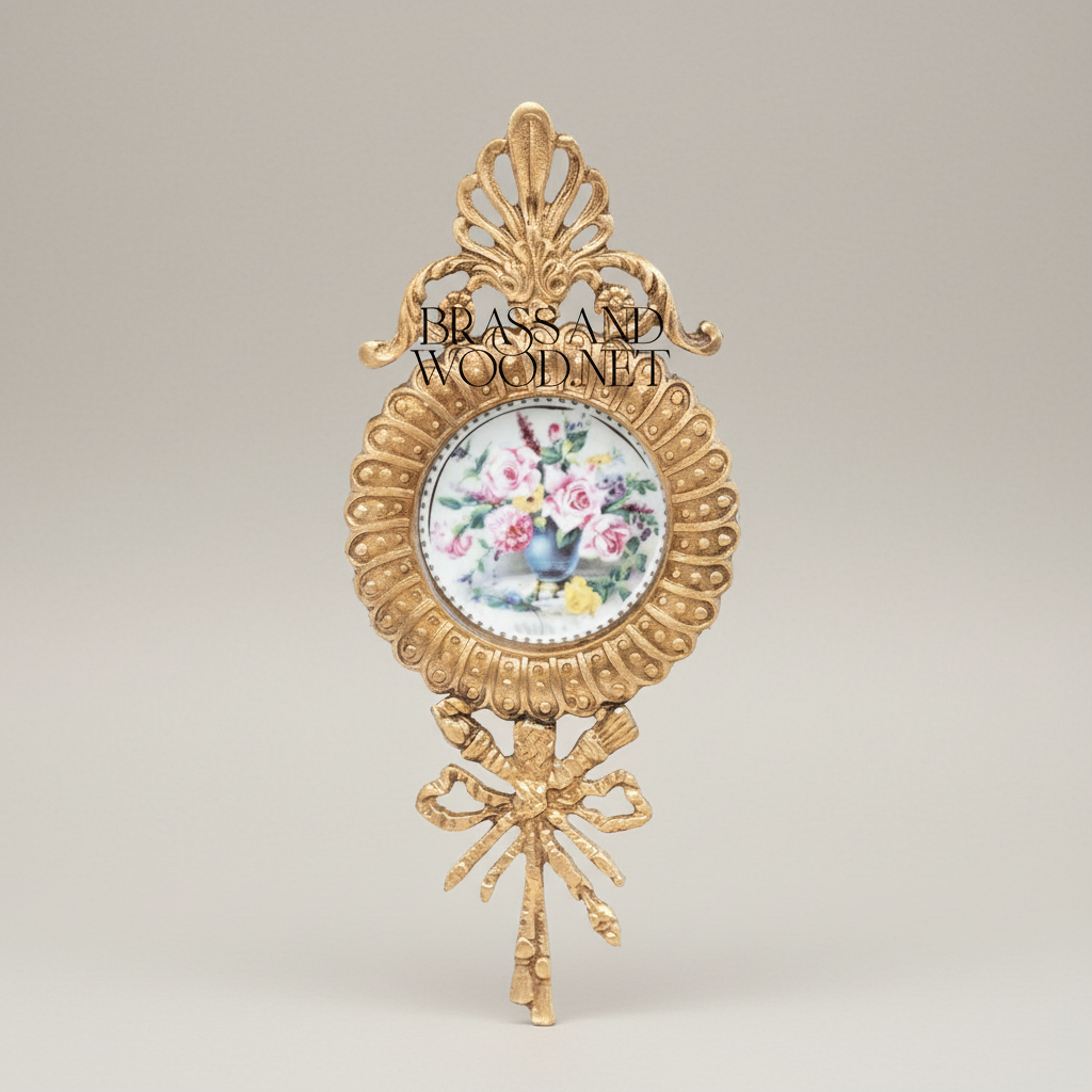 Rococo Brass Oval Wall Plate with Acanthus Crown & Bow Pendant - Hand-Painted Floral Ceramic Insert — Gold