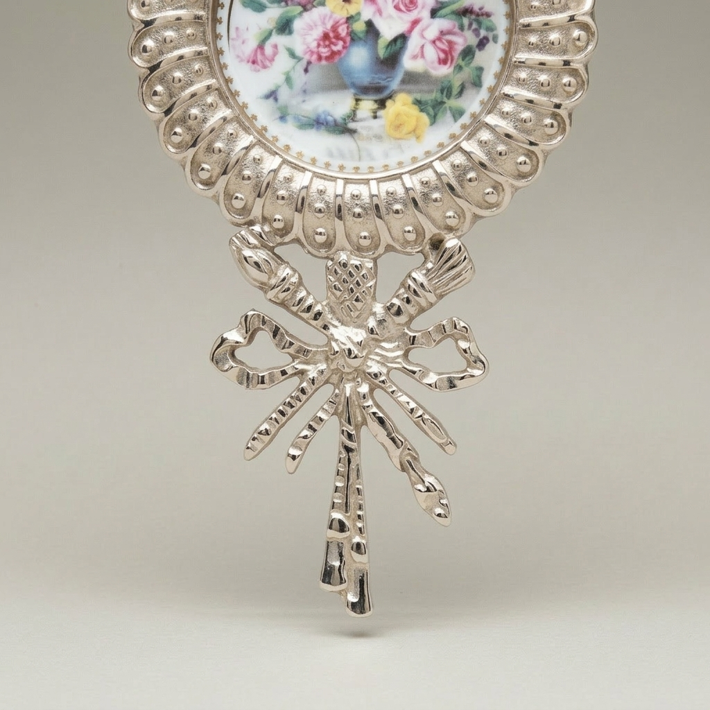 Rococo Brass Oval Wall Plate with Acanthus Crown & Bow Pendant - Hand-Painted Floral Ceramic Insert — Silver