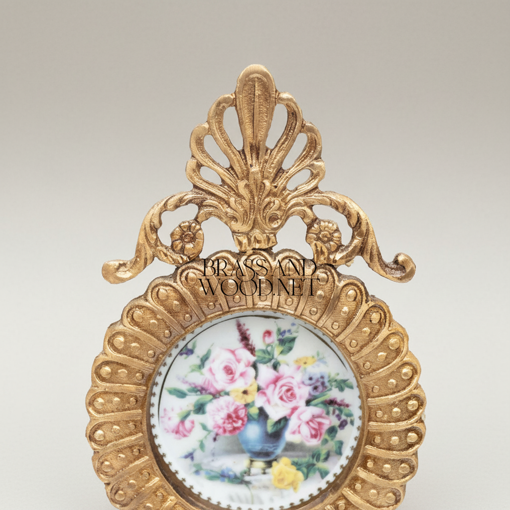 Rococo Brass Oval Wall Plate with Acanthus Crown & Bow Pendant - Hand-Painted Floral Ceramic Insert — Gold