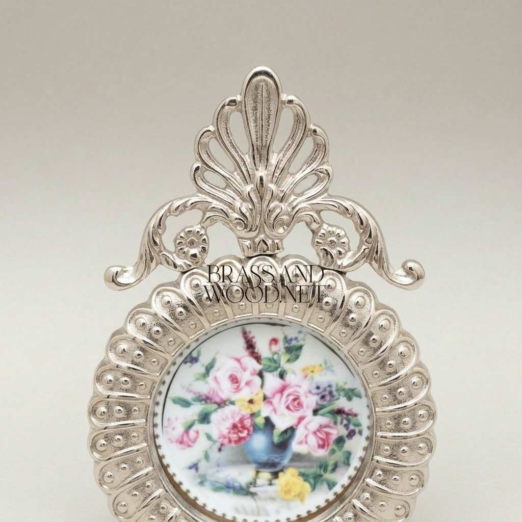 Rococo Brass Oval Wall Plate with Acanthus Crown & Bow Pendant - Hand-Painted Floral Ceramic Insert — Silver
