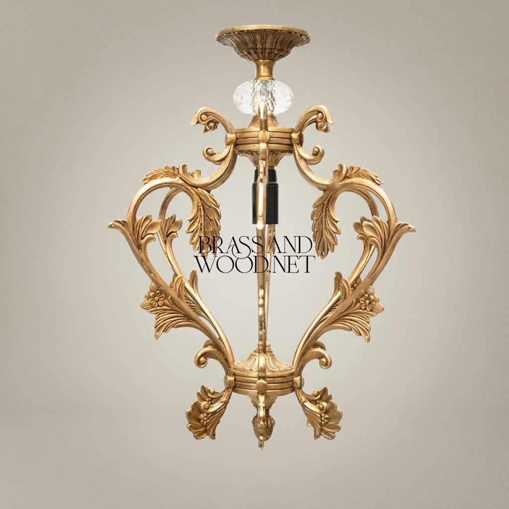 Rococo Brass Pendant Light - Hand-Cast Acanthus Crown Frame — Antique Gold