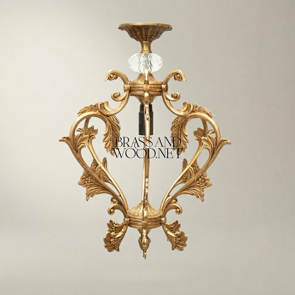 Rococo Brass Pendant Light - Hand-Cast Acanthus Crown Frame — Antique Gold