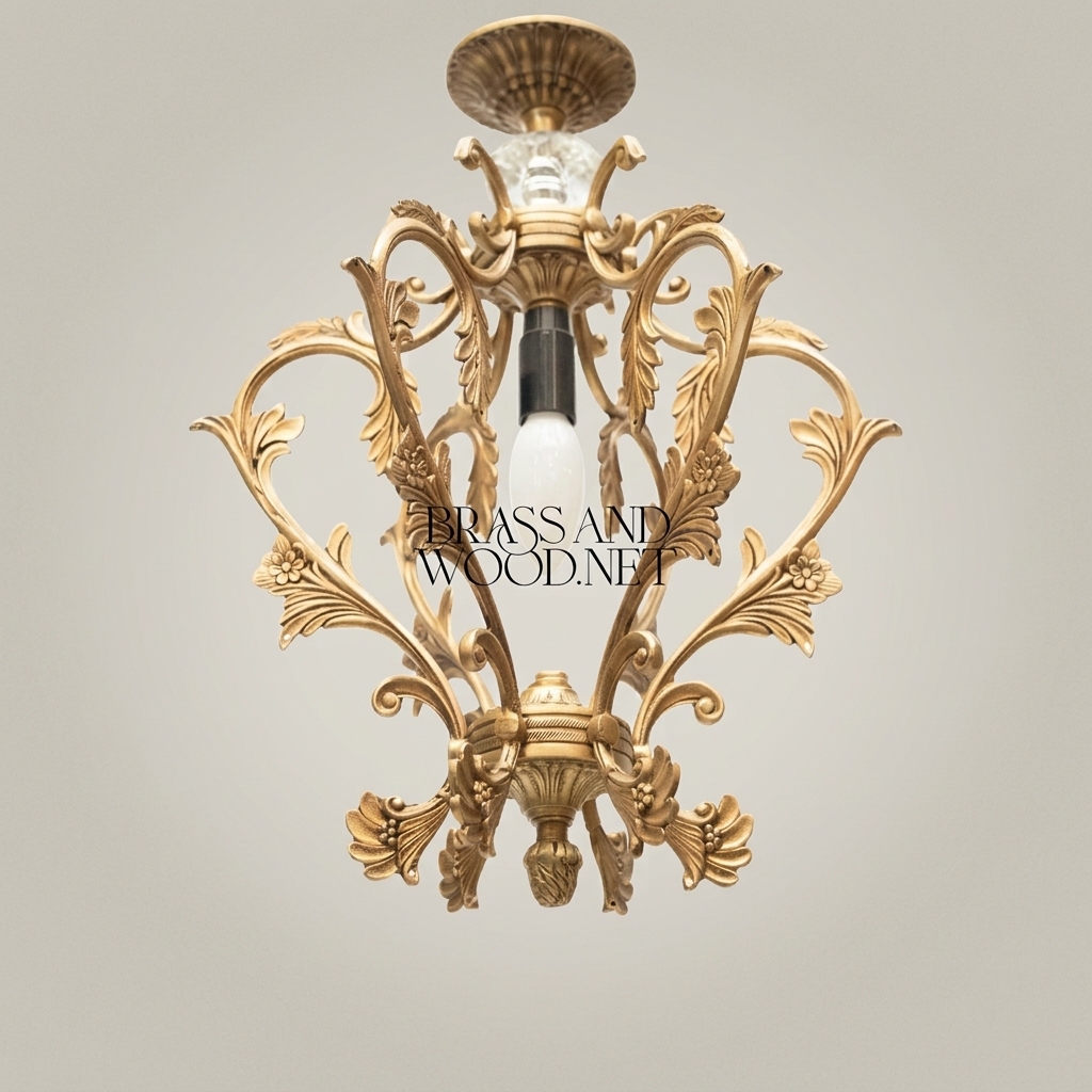 Rococo Brass Pendant Light - Hand-Cast Acanthus Crown Frame — Antique Gold