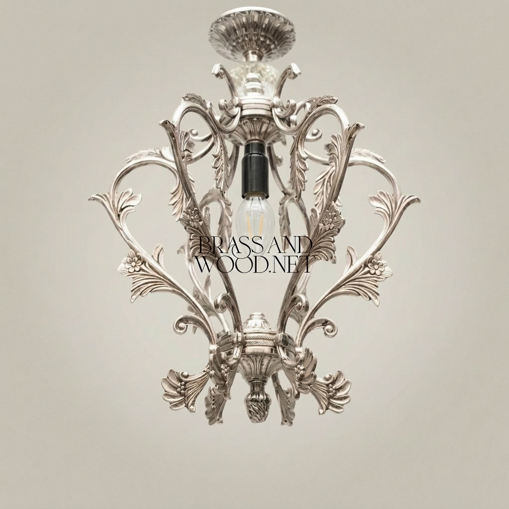 Rococo Brass Pendant Light - Hand-Cast Acanthus Crown Frame — Silver