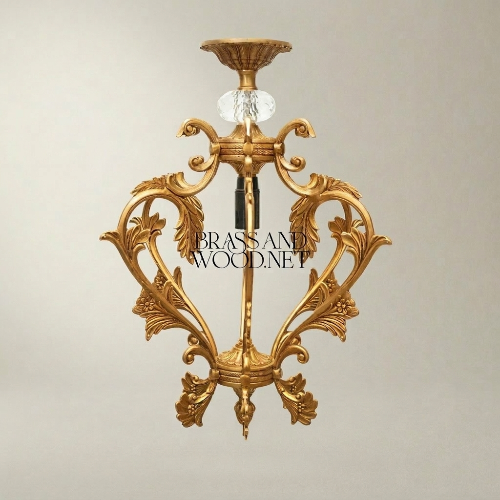 Rococo Brass Pendant Light - Hand-Cast Acanthus Crown Frame — Gold