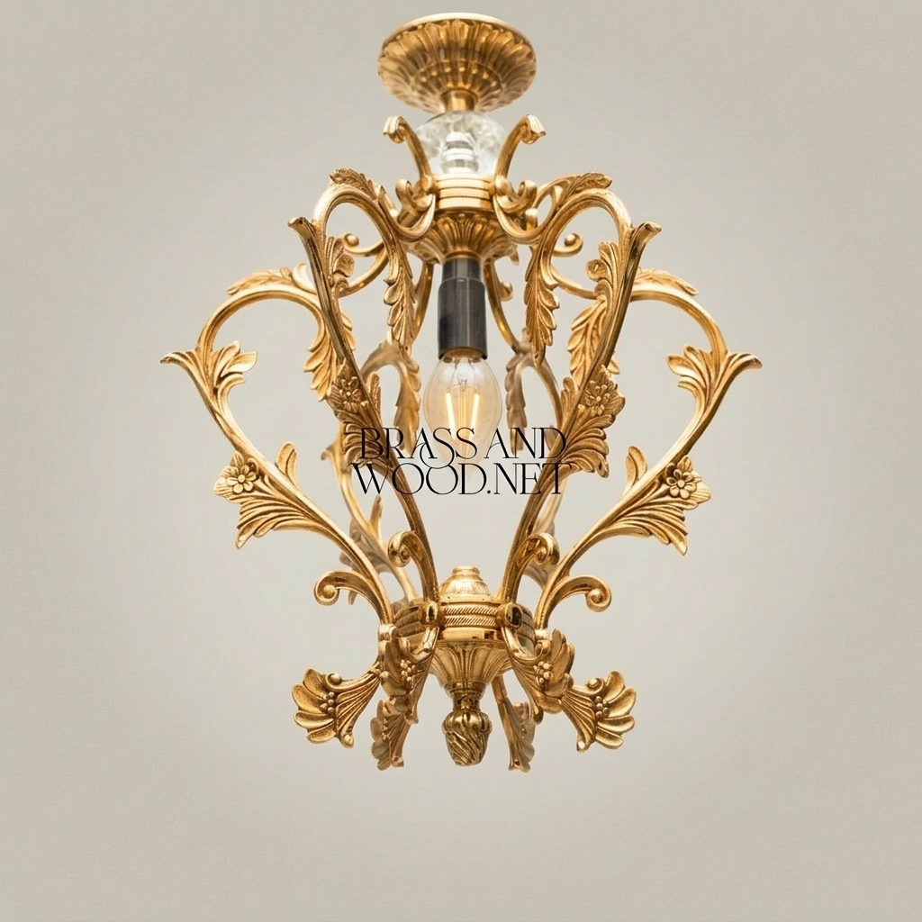 Rococo Brass Pendant Light - Hand-Cast Acanthus Crown Frame — Gold