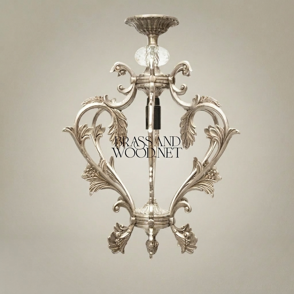 Rococo Brass Pendant Light - Hand-Cast Acanthus Crown Frame — Silver