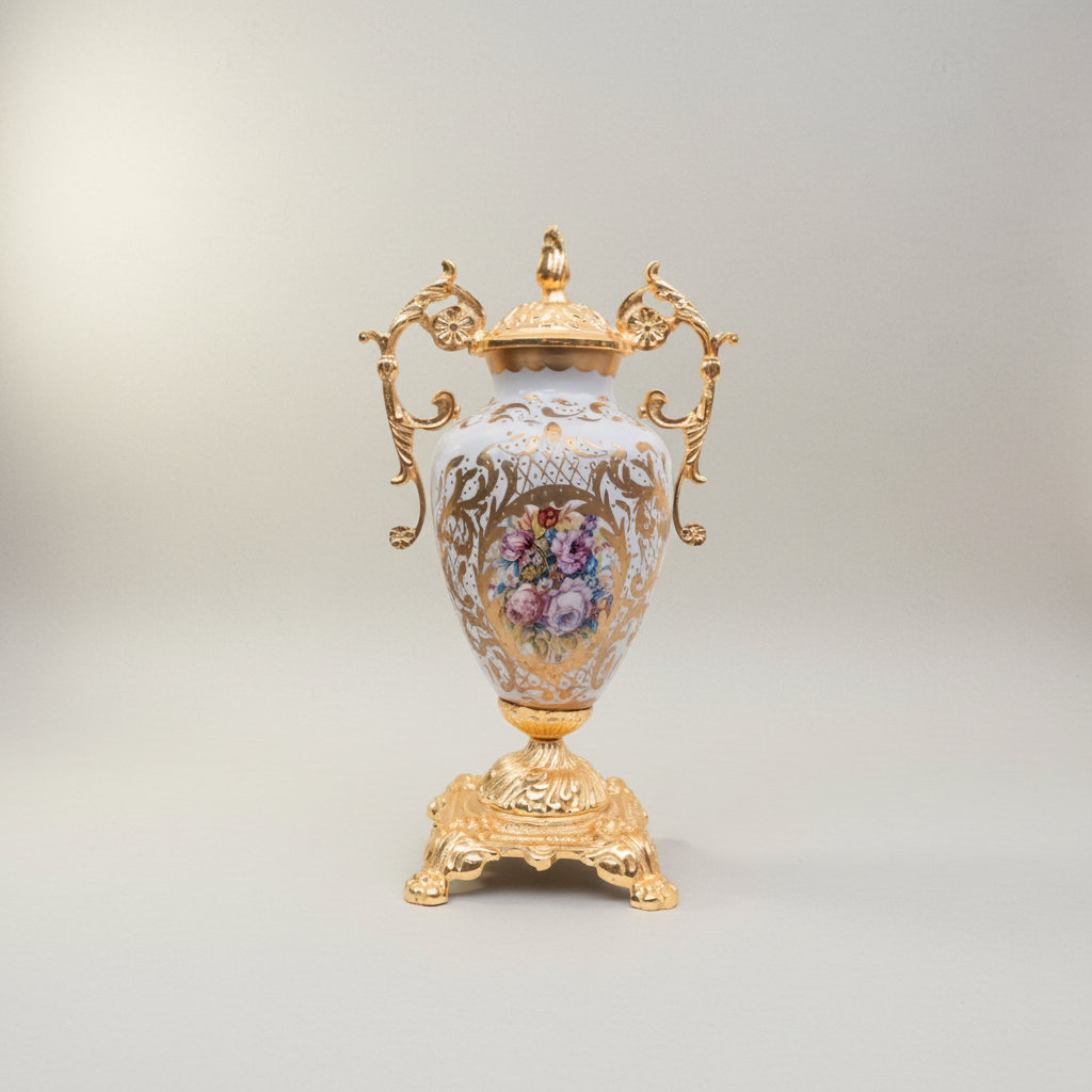 Rococo Brass & Porcelain 3-Piece Vase Set with Oval Plate on Stand — Hand-Painted Floral Bouquet