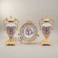 Rococo Brass & Porcelain 3-Piece Vase Set with Oval Plate on Stand — Hand-Painted Floral Bouquet — Gold