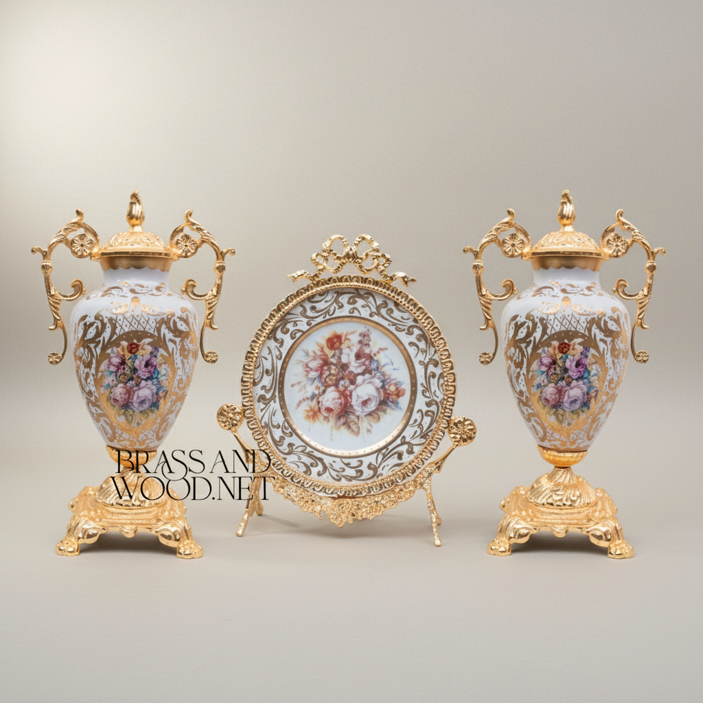 Rococo Brass & Porcelain 3-Piece Vase Set with Oval Plate on Stand — Hand-Painted Floral Bouquet