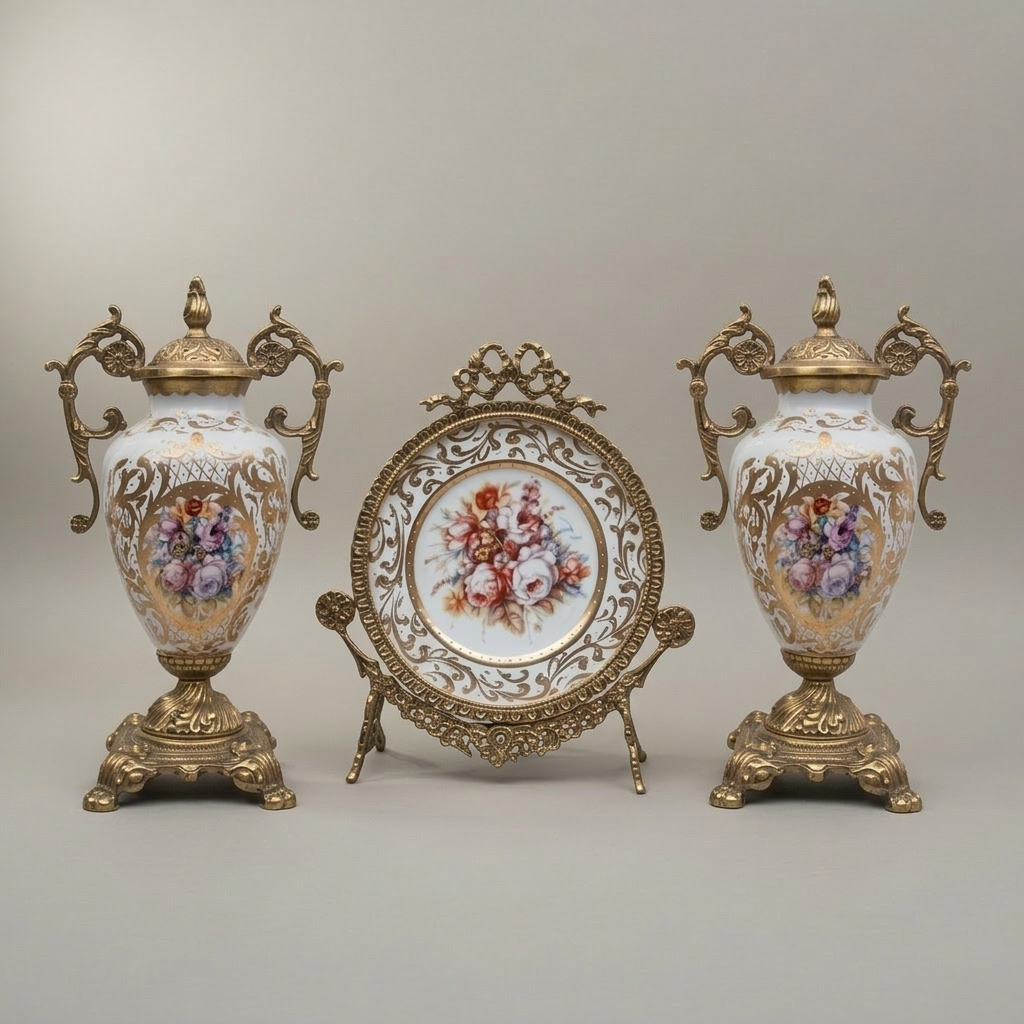 Rococo Brass & Porcelain 3-Piece Vase Set with Oval Plate on Stand — Hand-Painted Floral Bouquet — Antique Gold