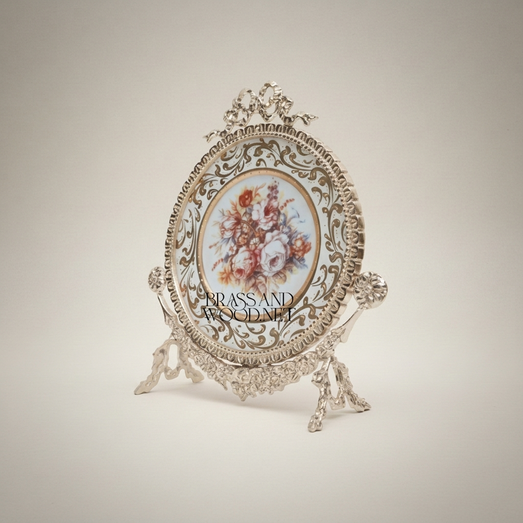 Rococo Brass & Porcelain 3-Piece Vase Set with Oval Plate on Stand — Hand-Painted Floral Bouquet — Silver