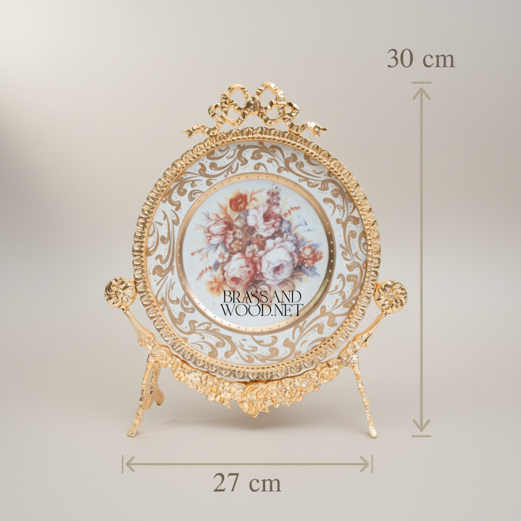 Rococo Brass & Porcelain 3-Piece Vase Set with Oval Plate on Stand — Hand-Painted Floral Bouquet