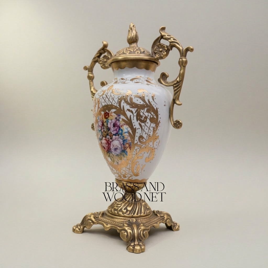 Rococo Brass & Porcelain 3-Piece Vase Set with Oval Plate on Stand — Hand-Painted Floral Bouquet — Antique Gold