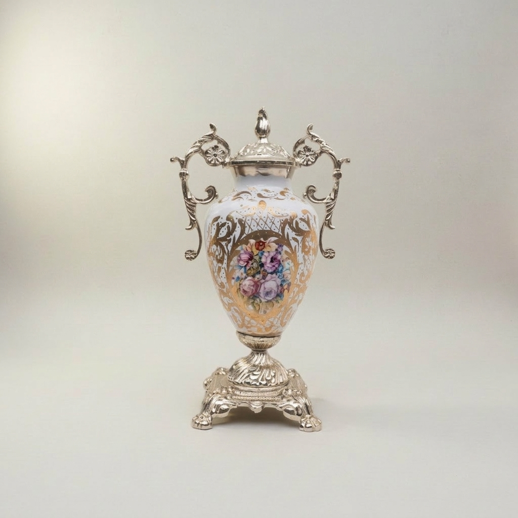 Rococo Brass & Porcelain 3-Piece Vase Set with Oval Plate on Stand — Hand-Painted Floral Bouquet — Silver