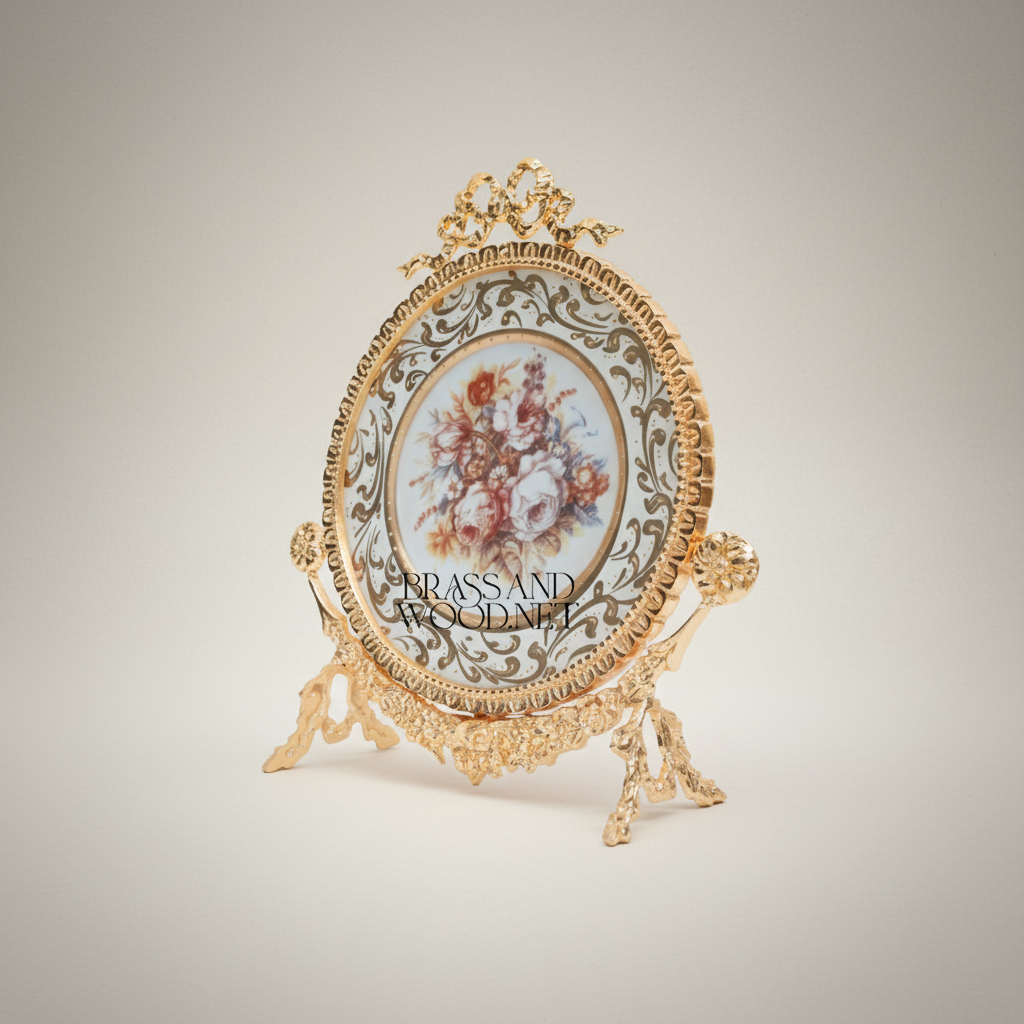 Rococo Brass & Porcelain 3-Piece Vase Set with Oval Plate on Stand — Hand-Painted Floral Bouquet