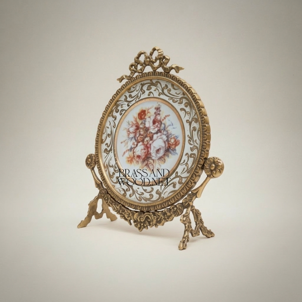Rococo Brass & Porcelain 3-Piece Vase Set with Oval Plate on Stand — Hand-Painted Floral Bouquet — Antique Gold