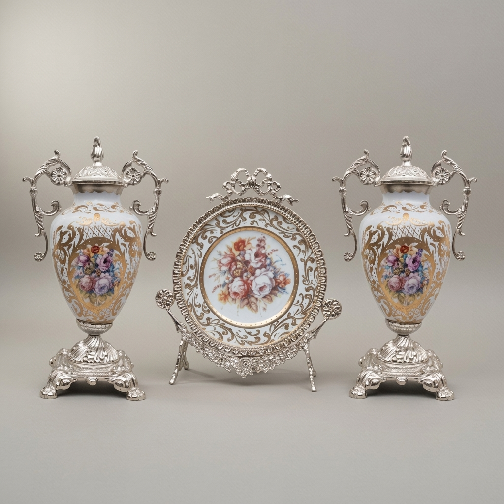 Rococo Brass & Porcelain 3-Piece Vase Set with Oval Plate on Stand — Hand-Painted Floral Bouquet — Silver