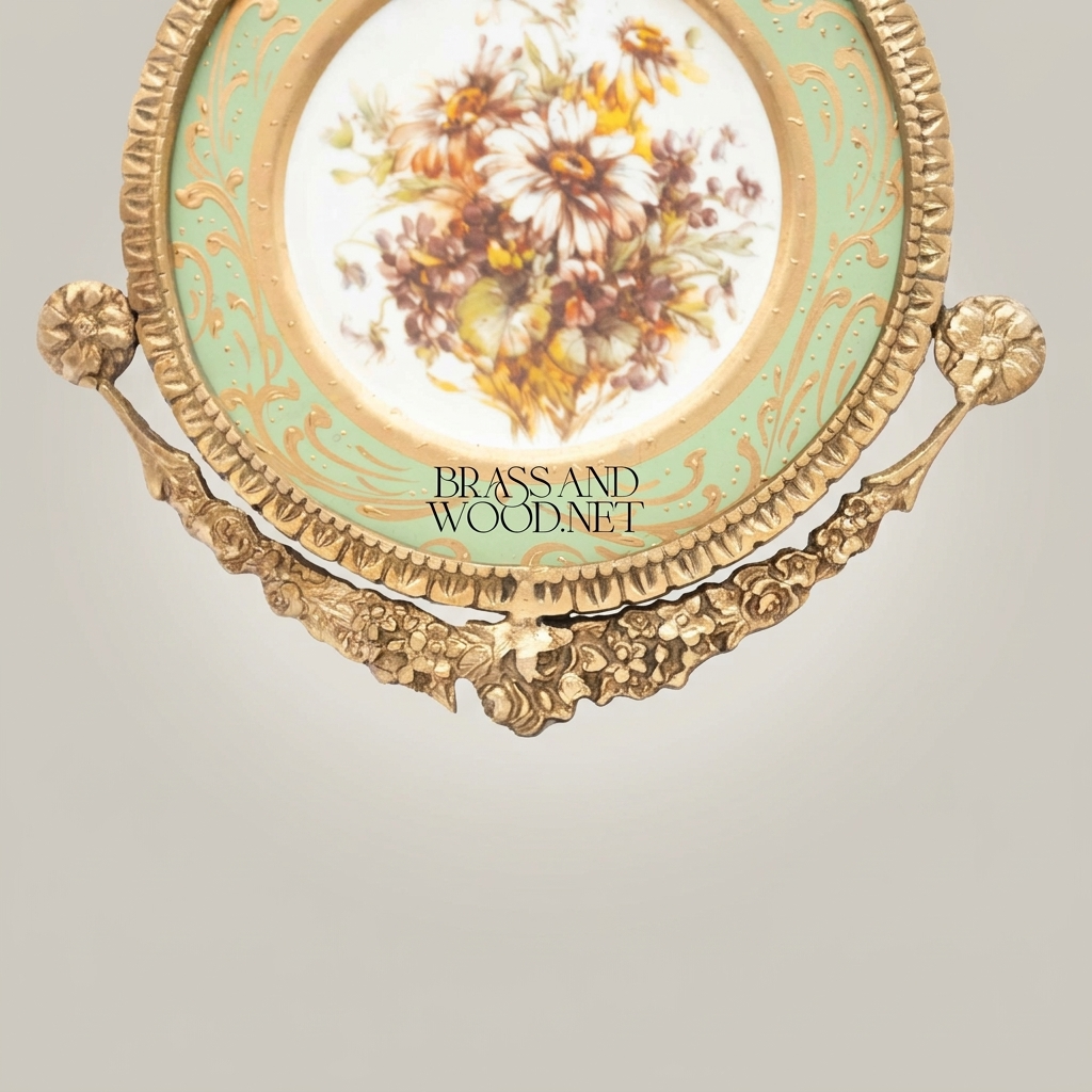 Rococo Brass & Porcelain Circular Wall Frame - Floral Medallion with Ribbon Bow Crest — Antique Gold