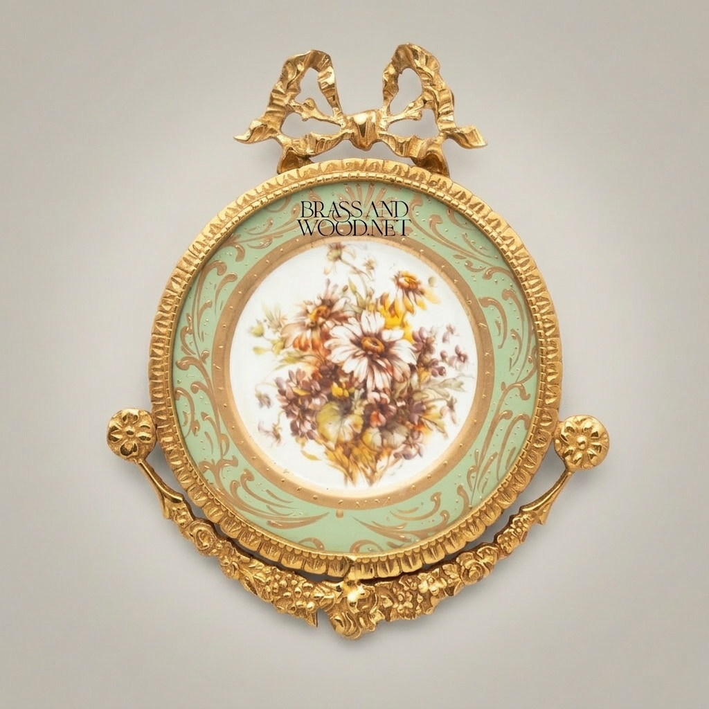 Rococo Brass & Porcelain Circular Wall Frame - Floral Medallion with Ribbon Bow Crest