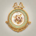 Rococo Brass & Porcelain Circular Wall Frame - Floral Medallion with Ribbon Bow Crest — Gold