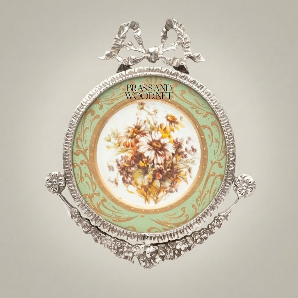 Rococo Brass & Porcelain Circular Wall Frame - Floral Medallion with Ribbon Bow Crest — Silver