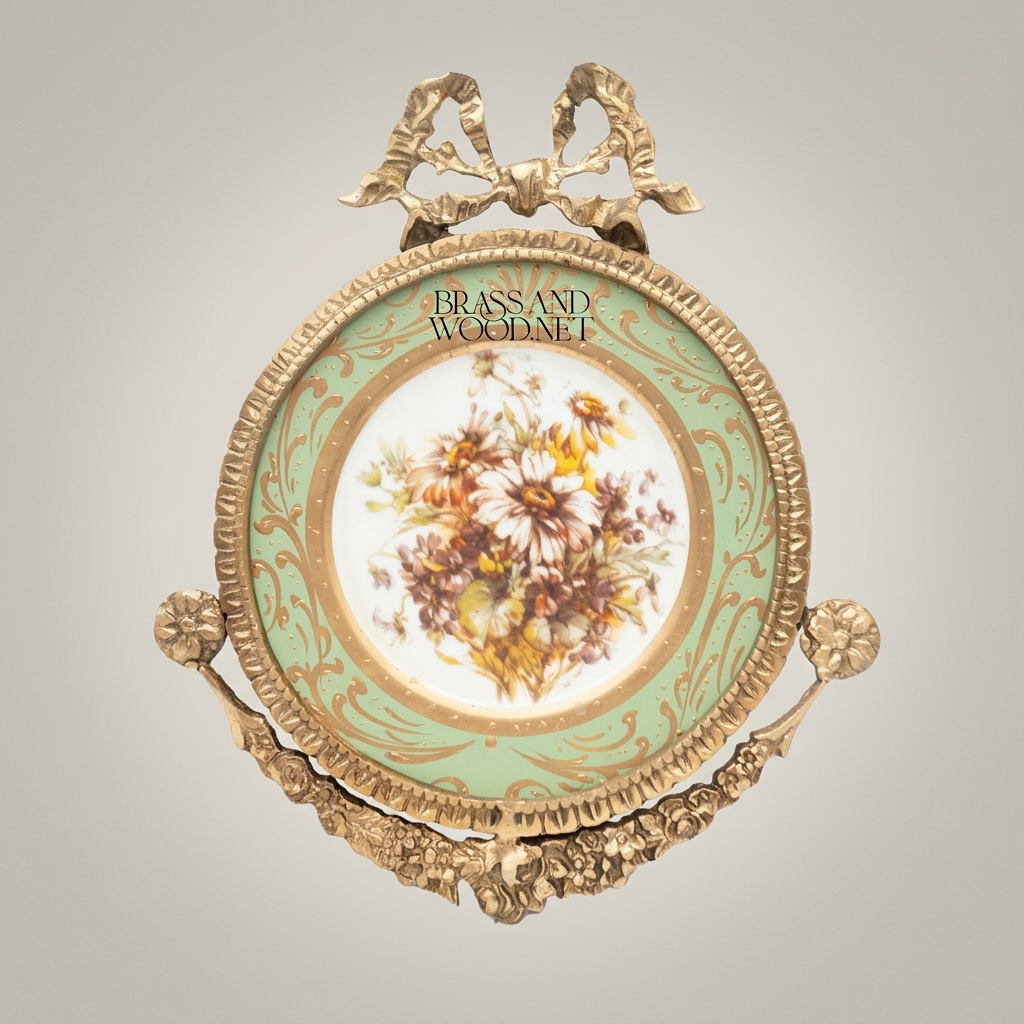 Rococo Brass & Porcelain Circular Wall Frame - Floral Medallion with Ribbon Bow Crest — Antique Gold