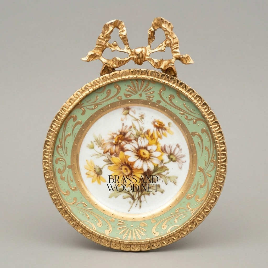 Rococo Brass & Porcelain Circular Wall Frame - Floral Medallion with Ribbon Bow Crest