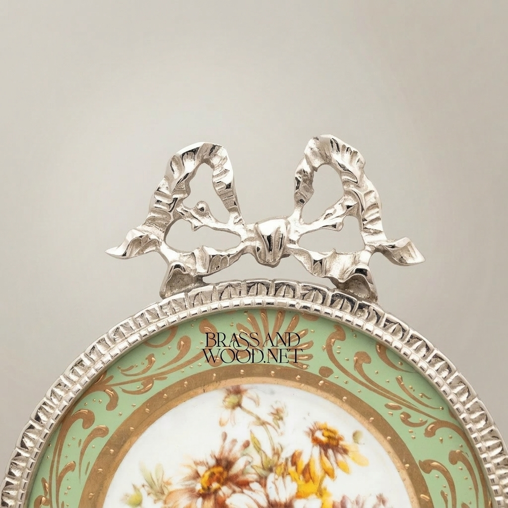 Rococo Brass & Porcelain Circular Wall Frame - Floral Medallion with Ribbon Bow Crest — Silver