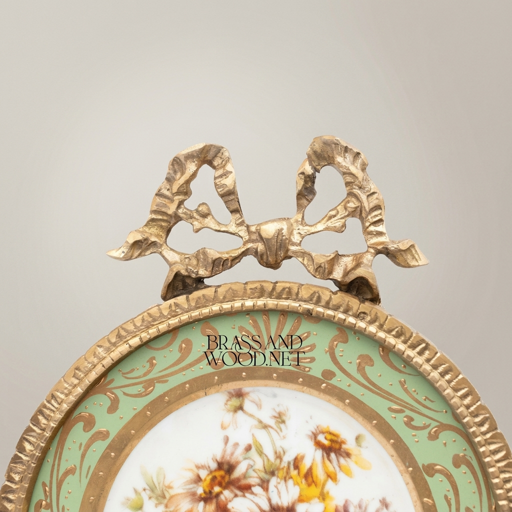 Rococo Brass & Porcelain Circular Wall Frame - Floral Medallion with Ribbon Bow Crest — Antique Gold
