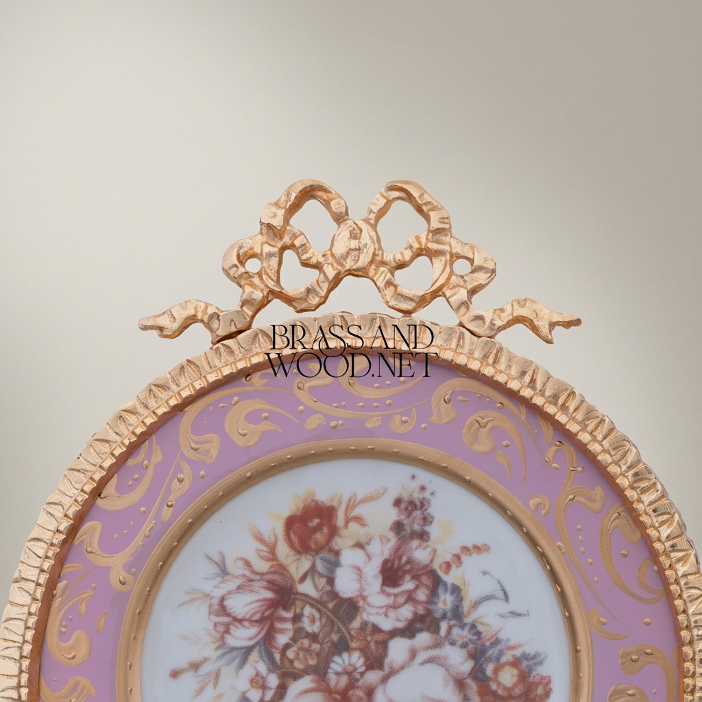Rococo Brass & Porcelain Circular Wall Plate - Ribbon Crest Floral Bouquet