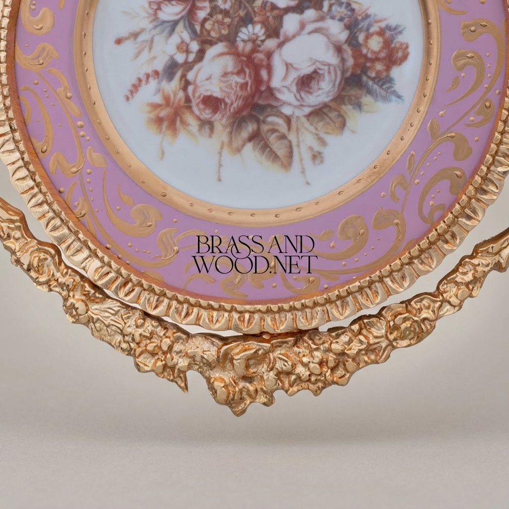 Rococo Brass & Porcelain Circular Wall Plate - Ribbon Crest Floral Bouquet — Gold