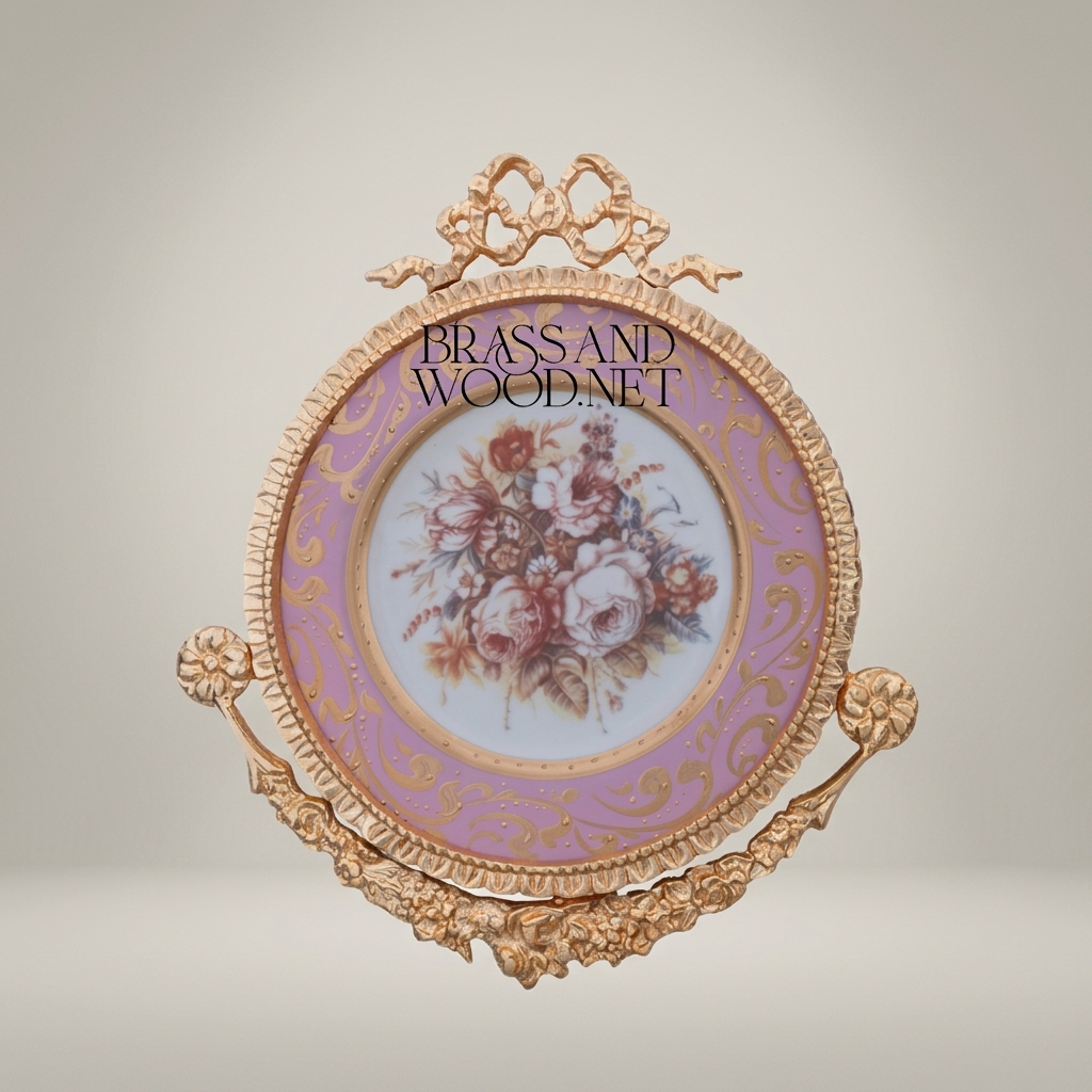 Rococo Brass & Porcelain Circular Wall Plate - Ribbon Crest Floral Bouquet
