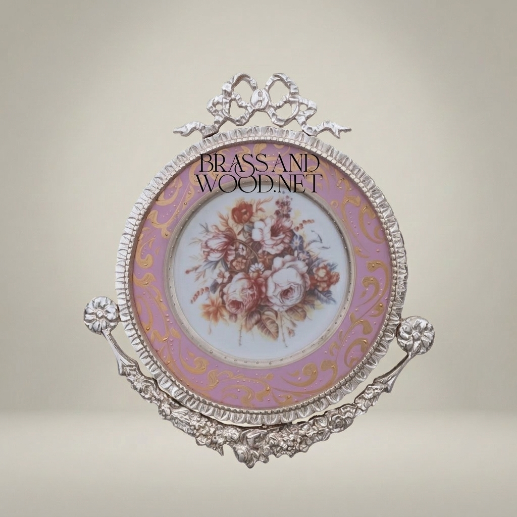 Rococo Brass & Porcelain Circular Wall Plate - Ribbon Crest Floral Bouquet — Silver